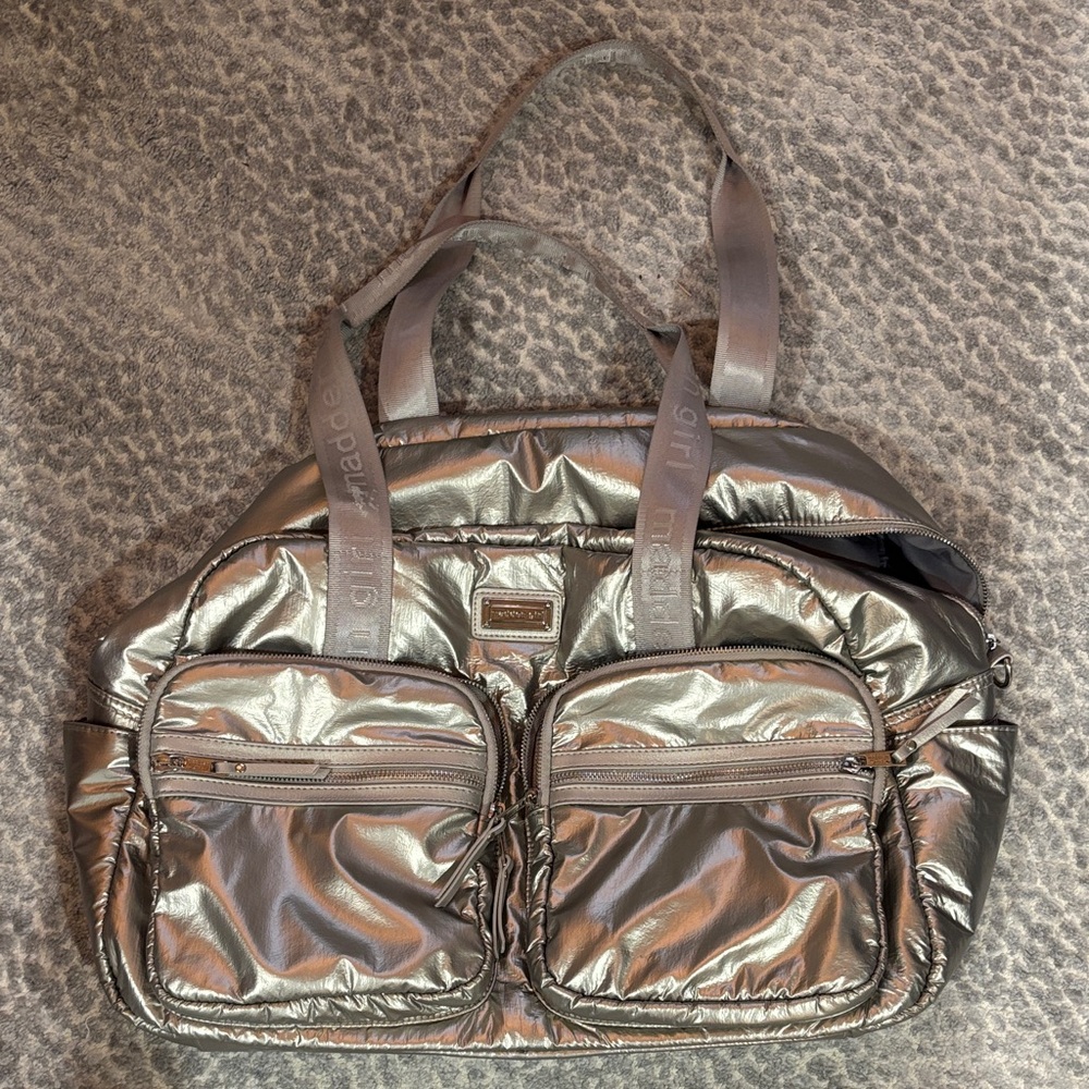 Shiny Silver Duffel Bag with Front Pockets